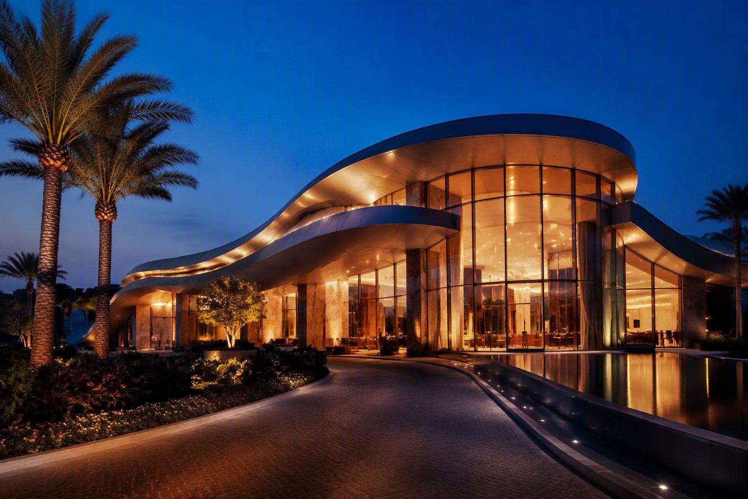 An elegant modern event venue in the UAE at dusk (illustrative image)